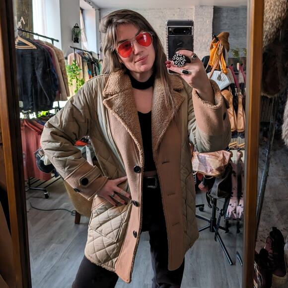 Brown Faux Fur Coat Teddy Jacket Quilted Puffer Coat Designer Reversible Large - Picture 5 of 16